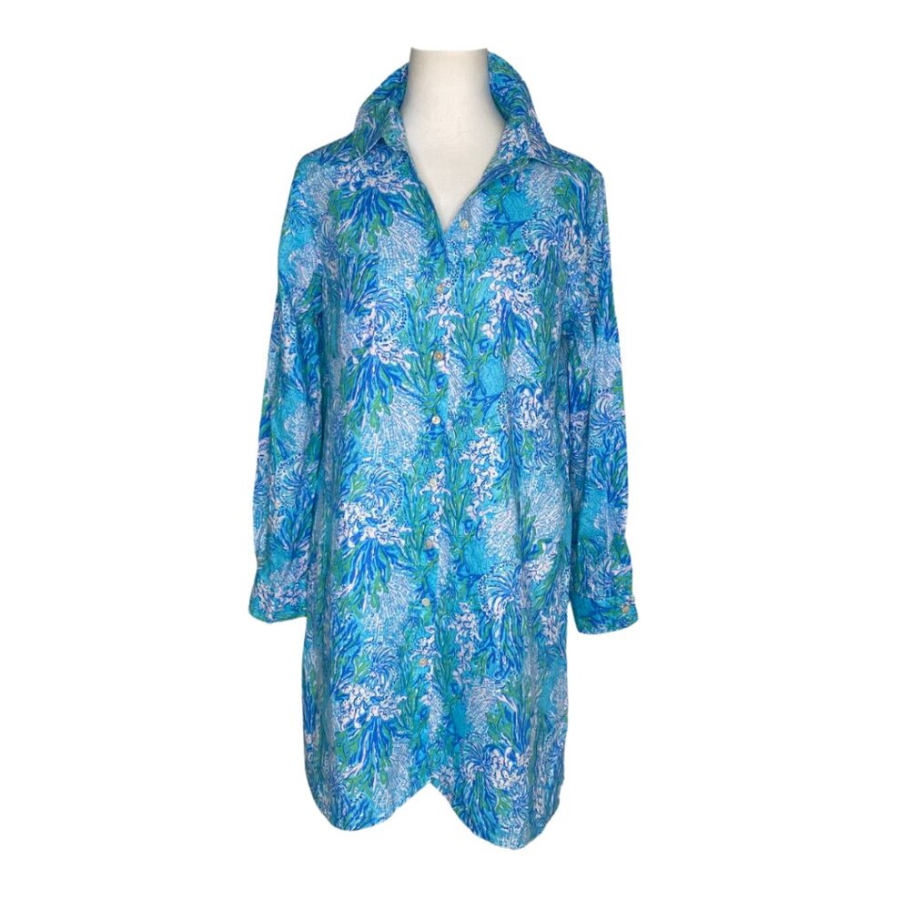 Lilly Pulitzer Blue & Green Women's Long Sleeve Button Down Tunic, Size S #352